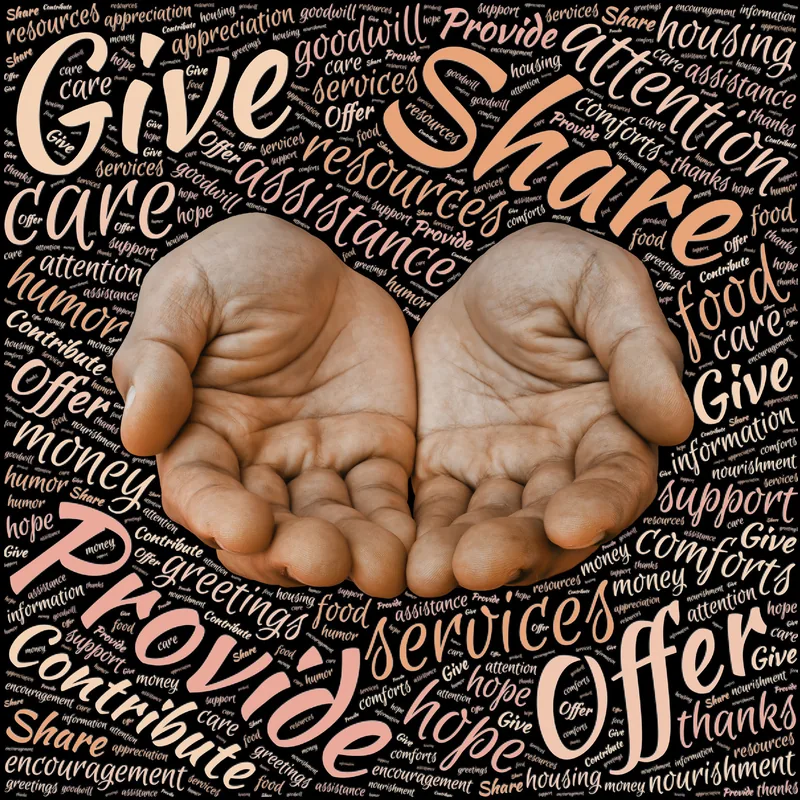 Open hands surrounded by words of giving and support