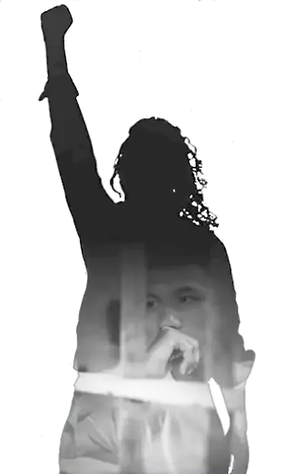 Silhouette artwork of a person behind bars raising a fist of hope