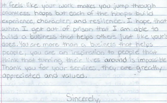 Handwritten note saying Webb Hunter is more than a business that helps people, it is an inspiration to people who think turning their lives around is impossible