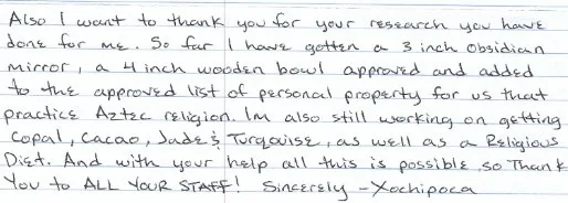 Handwritten note thanking Webb Hunter for religious research that helped get Aztec religious items and a religious diet approved by the institution